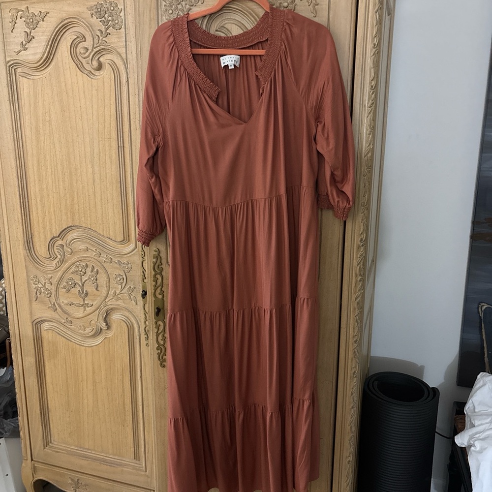 Boho Peasant Maxi Long Sleeve Dress Terracotta